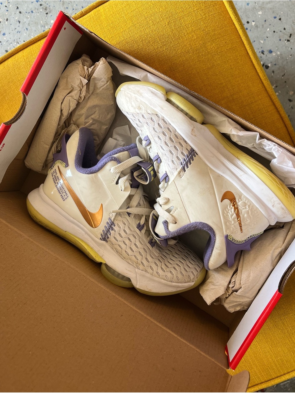 Nike Kids White Sneakers with Purple Lining and Gold Swoosh